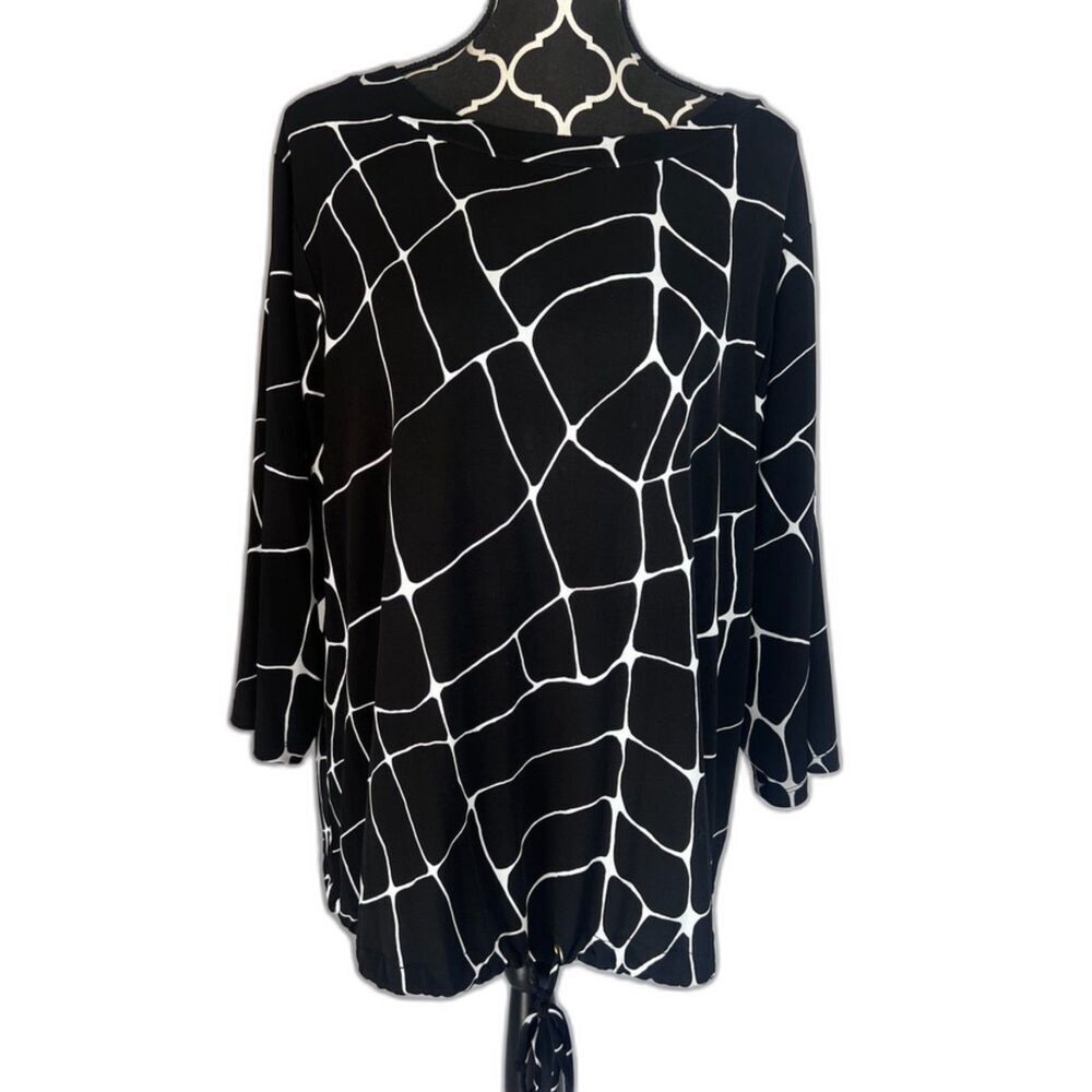 Worthington Black White Patterned Boatneck Drawstring Waist Jersey Top Size XL